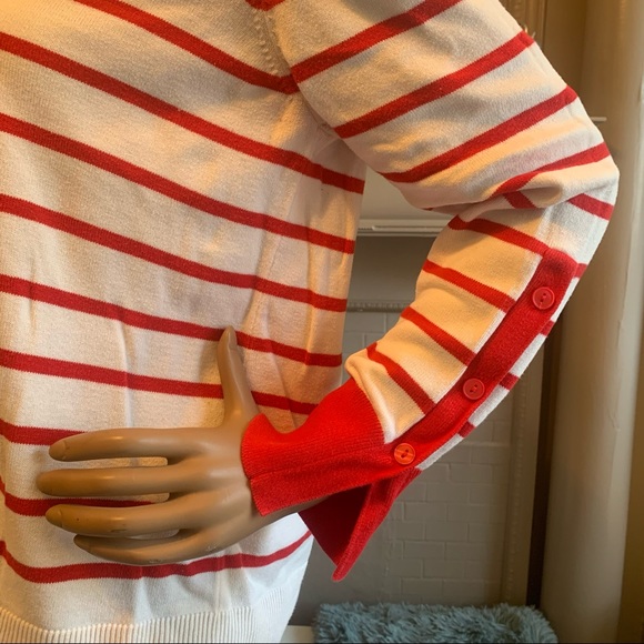 Off White and Red Strip Sweater with Button Detail on Sleeves from Loft - Picture 3 of 6